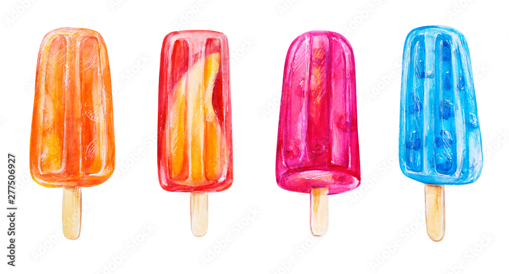 Set of four colorful ice creams from frozen fruit and berry juice. Watercolor painting. Food background. Hand drawn sweets illustration. Summer cold desserts. Painted backdrop. Sketch drawings. Set of four colorful ice creams from frozen fruit and berry juice. Watercolor painting. Food background. Hand drawn sweets illustration. Summer cold desserts. Painted backdrop. Sketch drawings.