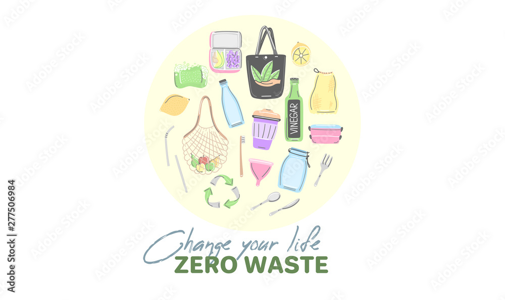 Vector background with zero waste objects. Hand drawn flat style. Eco lifestyle. Save planet. Care of nature. Online store. Landing page te mplate, mailing, advertising, header, banner, label. Eps10