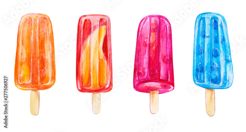 Set of four colorful ice creams from frozen fruit and berry juice. Watercolor painting. Food background. Hand drawn sweets illustration. Summer cold desserts. Painted backdrop. Sketch drawings.