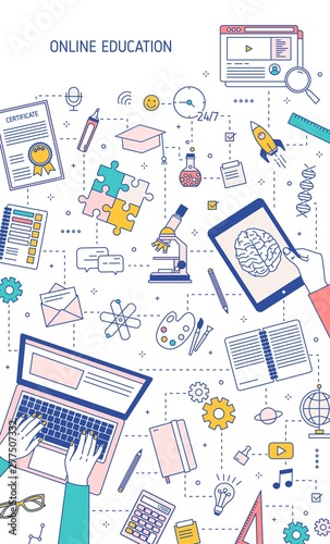 Flyer or poster template with hands typing on laptop and various office supplies. Distance education, internet learning, obtaining university degree online. Modern vector illustration in linear style.