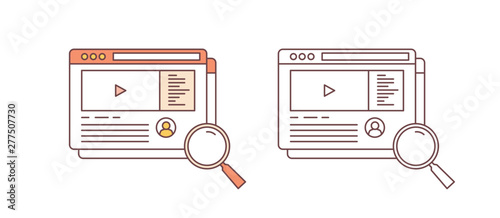 Bundle of windows with online video streaming or broadcasting service and magnifying glass