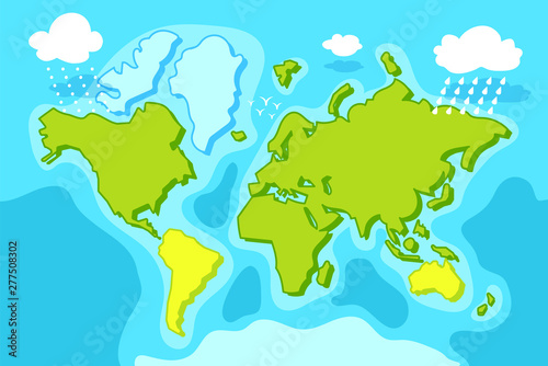 Green blue world map vector illustration. Cartoon planet map with continent, sea, cloud. Blue green natural landscape