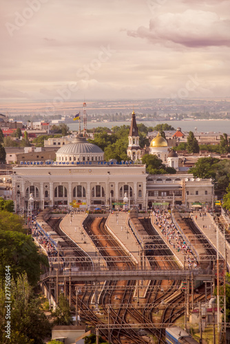 Odessa, Ukraine, June 10, 2019 View of the height of the city's central railway station. Many people from other cities left the trains and went to the city.
