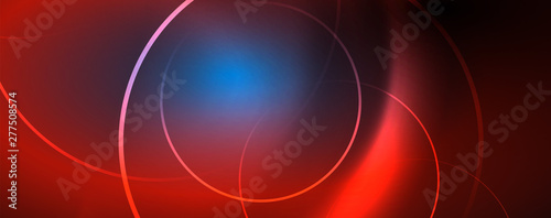 Trendy neon blue abstract design with waves and circles. Neon light glowing effect. Abstract digital background.