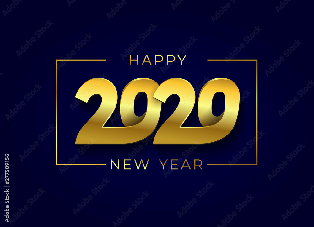 Happy new year 2020 banner with golden inscription. Cover of business diary for with wishes. Brochure design template, poster, card, banner. Vector illustration. Isolated on dark blue background.