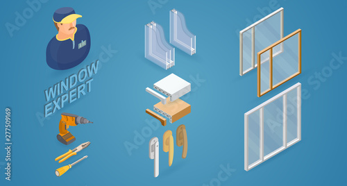 Window installation service. Isometric concept. Worker, equipment.