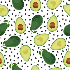 Keuken achterwand Avocado patronen Avocado seamless pattern whole and sliced on white background, Fruits vector illustration  © JANNTA