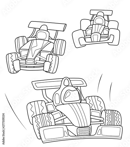 Race cars coloring page, black line vector illustration on white background. Speed car line art. Formula 1 racing