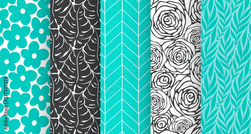 Monstera, roses, leaves, geometric seamless pattern set. Organic simple background collection. Vector illustration