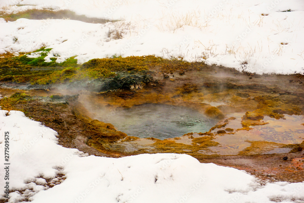 Obraz premium A Small Geysir With Steaming Water In This Snow Covered Geothermal Area