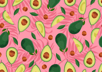 Acrylglasbilder Avocadomuster Avocado Muster auf Rosa Palmblättern  © JANNTA