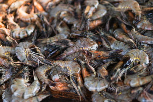 Seafood in the Asian market. Shrimps caught by fishermen from the Indian Ocean. Stock photo