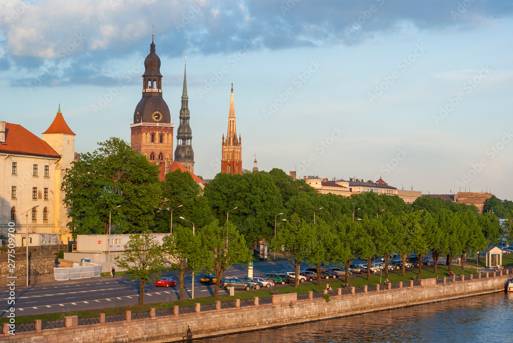 City panorama and quay of Daugava river in Riga, Latvia, 2018.
