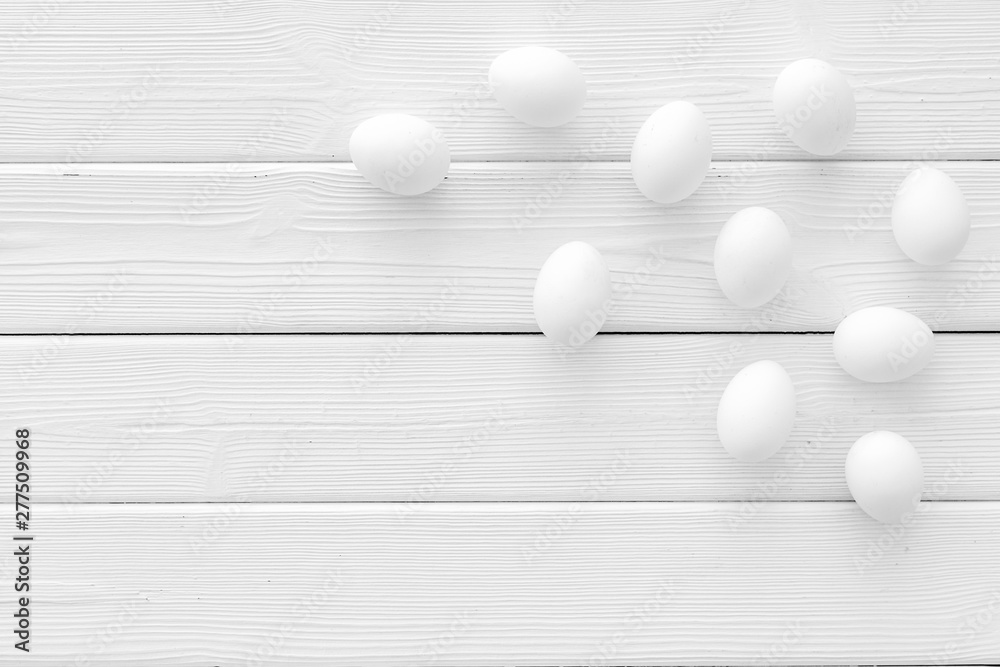 Farm products design for blog with eggs on white wooden background top view space for text