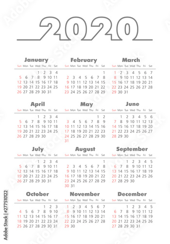 Vector calendar 2020 year. Week starts from Sunday