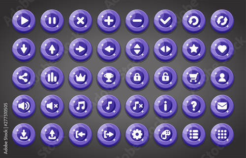 Flat round game buttons in flat cartoon style