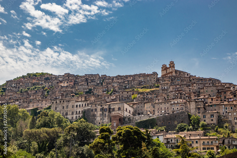 The ancient village of Artena (Montefortino), in the Lepini Mountains, in the valley of the Sacco River. The dense agglomeration of houses of the town, which rises perched along a limestone ridge