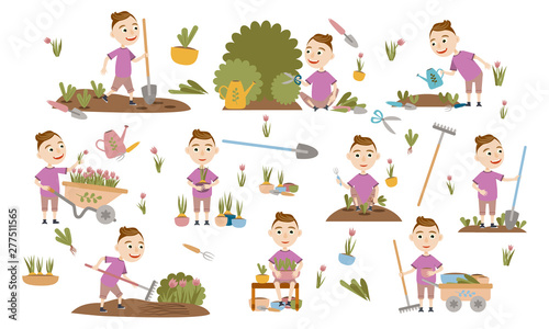 Set boy with trendy gardening plants, weed beds, watering seedlings, pruning bushes and trees, working in the garden. People and garden tools. Vector illustration