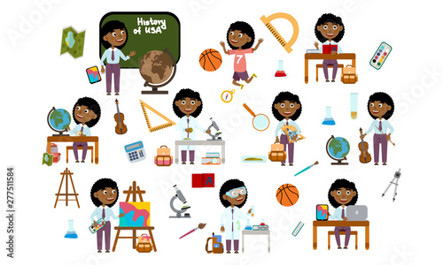 African black girl at school. Student in different lessons: science, history, sports, art, maths, English, information technology, music. Conducting experiments. Cute Vector Illustration
