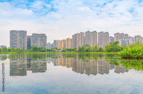 Architectural scenery around Jincheng Lake Park in Chengdu  Sichuan Province  China