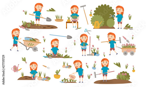 Set redhead girl with pigtails gardening plants  weed beds  watering seedlings  pruning bushes and trees  working in the garden. People and garden tools. Vector illustration