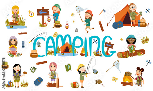 Set different girls tourist on nature. Camping. Phishing, overnight in tent, picking mushrooms, fun and relaxation. Children's camp. Scouts. Cute Vector Illustration © AnnstasAg