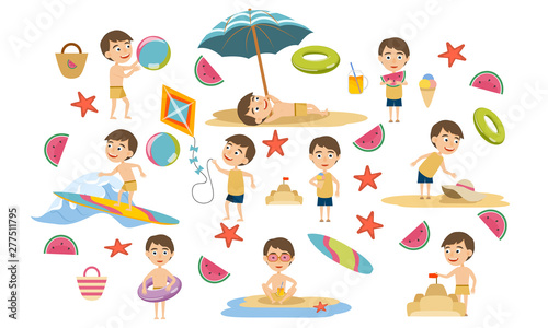 Set boy with brown hair in swimsuits and summer clothes on the beach. Summer holidays. Beach rest, games and surfing. Vector illustration photo