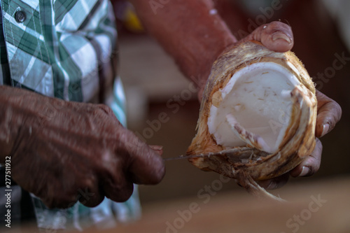 Smash a coconut with a knife. Tropical climate and Asian walnut. Stock photo