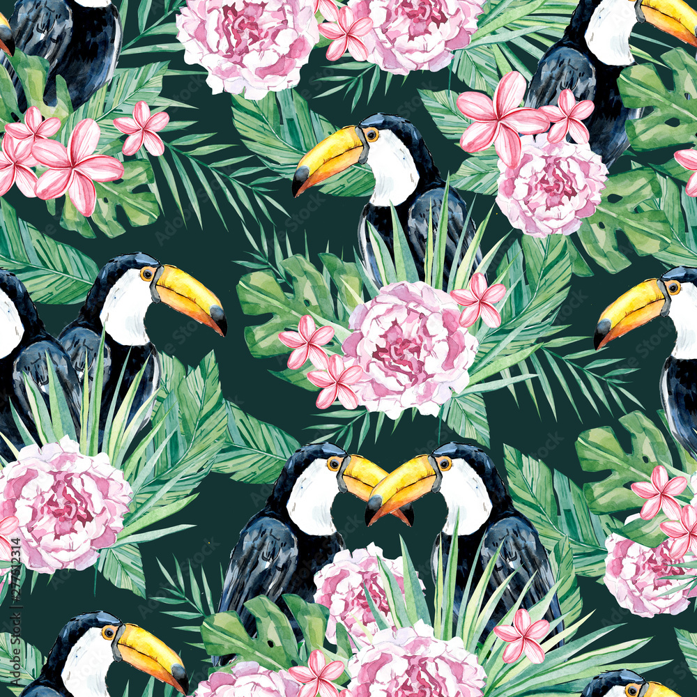 watercolor summer tropical mood, bird seamless patettern, exotic birdlife for the textile fabric and wallpaper on dark background watercolor summer tropical mood, bird seamless patettern, exotic birdlife for the textile fabric and wallpaper on dark background