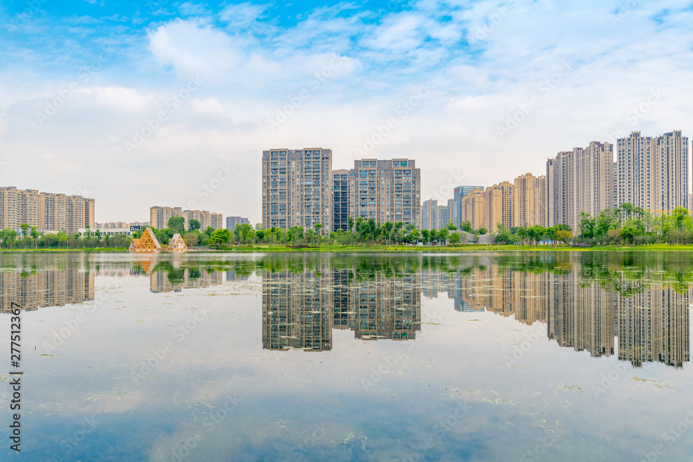 Fototapeta premium Architectural scenery around Jincheng Lake Park in Chengdu, Sichuan Province, China
