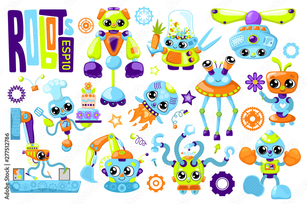 Naklejka premium Cute robot characters colorful vector set on white background. Smiling robot worker and transport. Artificial intelligence