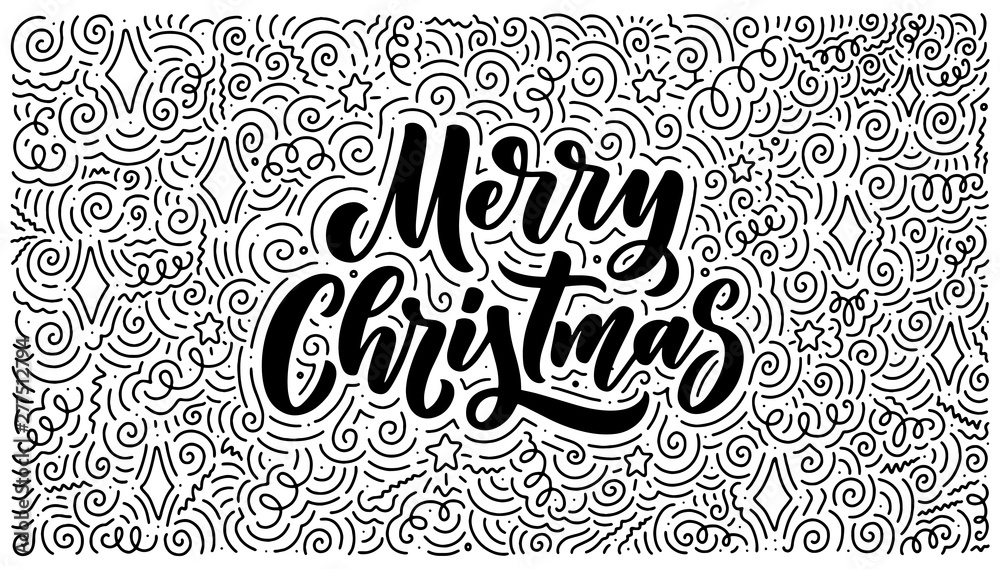Merry christmas lettering in hand drawn style. Doodle background. Classic retro symbol. New year holiday greeting card. Vector design. Merry christmas lettering in hand drawn style. Doodle background. Classic retro symbol. New year holiday greeting card. Vector design.