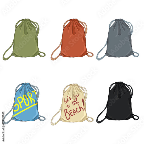 Vector Set of Cartoon Drawstring Bags.