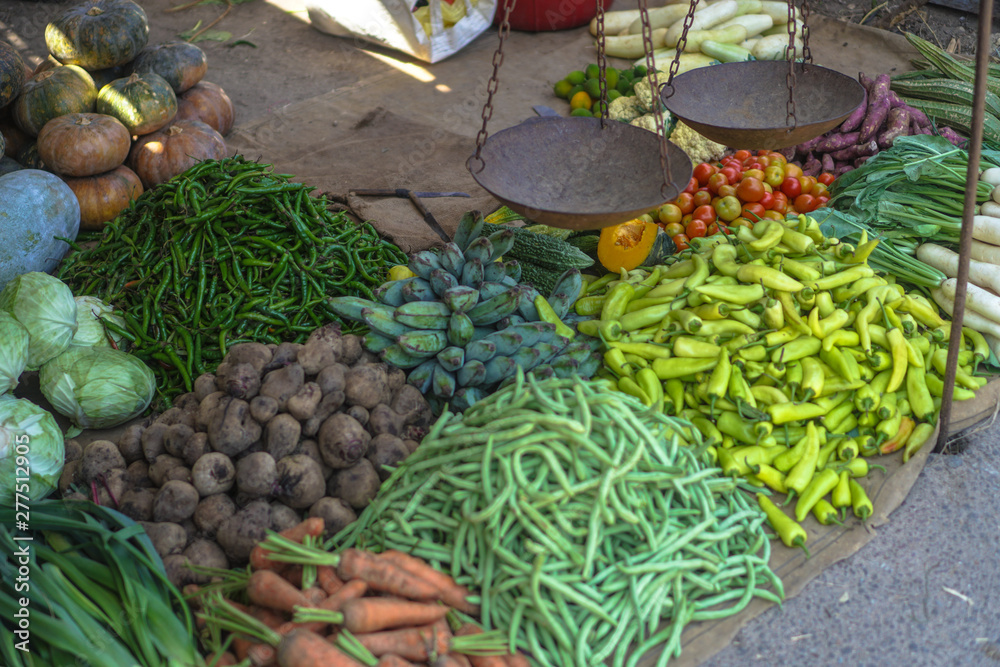 Traditional market in Asia with a variety of fruits and vegetables from farms and jungles. Sales business background in Sri Lanka. Stock photo Traditional market in Asia with a variety of fruits and vegetables from farms and jungles. Sales business background in Sri Lanka. Stock photo