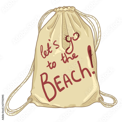 Vector Cartoon Beige Drawstring Bag. Textile Backpack with Text - Let's go to the Beach