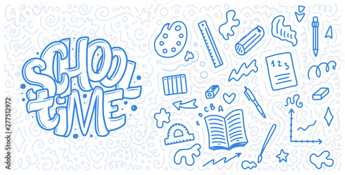 Welcome back to school lettering quote and doodle background. Template for sale tag. Hand drawn badge. Education concept. Typography emblem. Vector