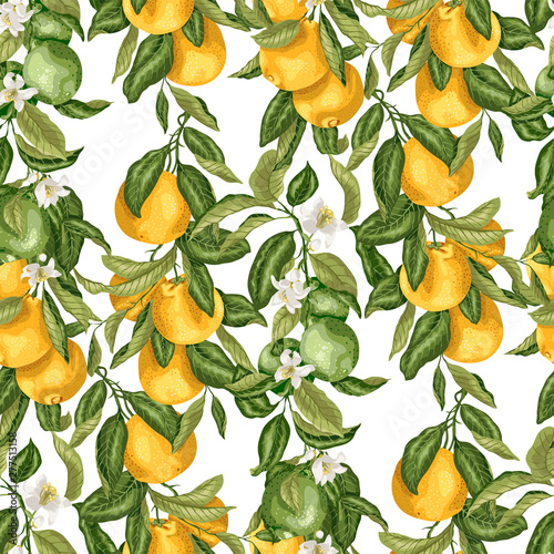 Vertical branch with orange fruits made in graphic design with leaves in bright colors.