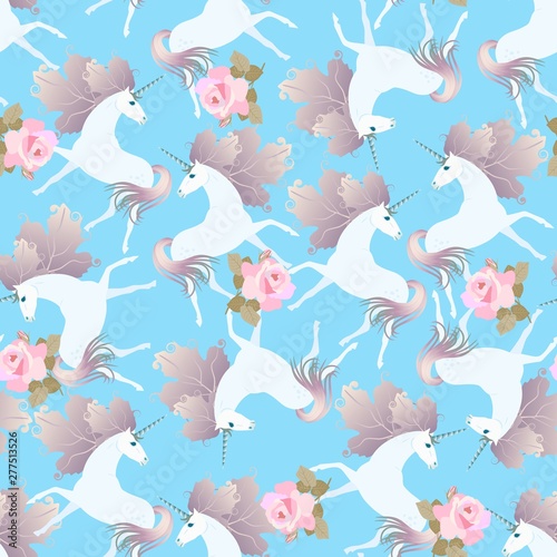 Seamless pattern with gentle pink roses and cute unicorns with manes in shape of viburnum leaves in blue sky. Print for fabric, wallpaper.