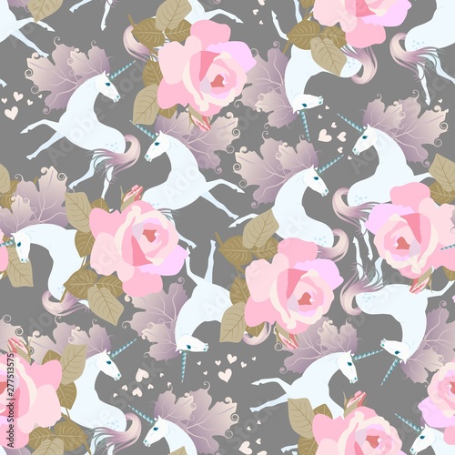 Decorative seamless ornament with huge pink roses and cute unicorns with manes in shape of viburnum leaves. Print for fabric, wallpaper.