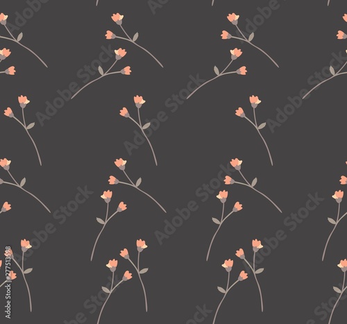 .Simple floral pattern with tiny branches with orange buds on black background. Print for fabric.