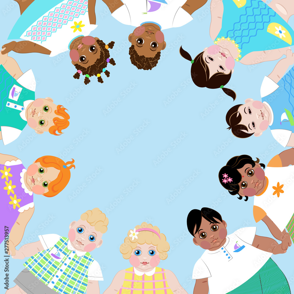 children's card template with the image of young children of different nationalities who hold hands, a symbol of friendship between peoples