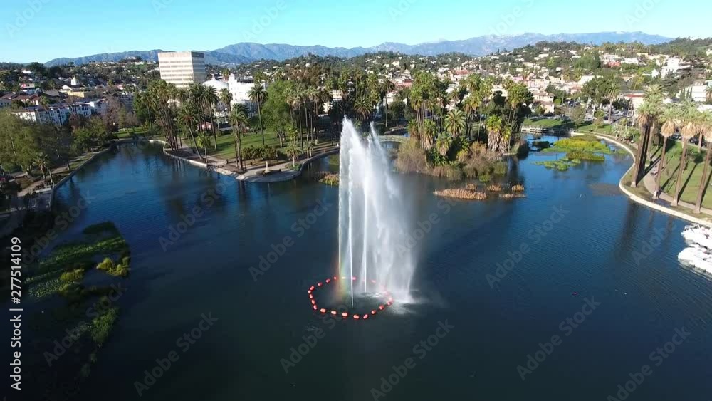 Fountain LA Echo Park Lake Palm Trees - Up and Down Aerial Fountain LA Echo Park Lake Palm Trees - Up and Down Aerial