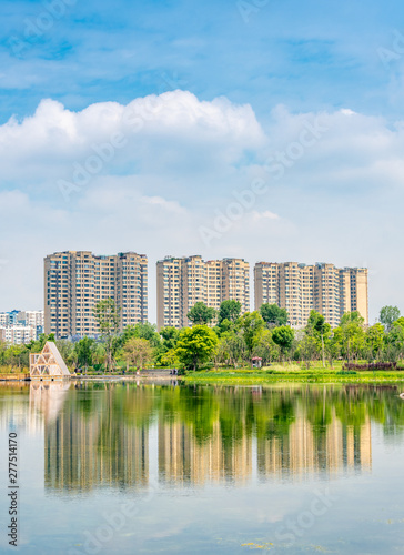 Architectural scenery around Jincheng Lake Park in Chengdu  Sichuan Province  China
