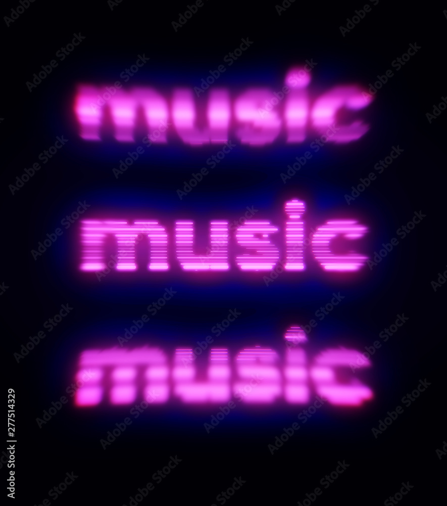 Abstract illustration of purple word music on black background. Print. Lilac neon inscription music glowing in the dark.