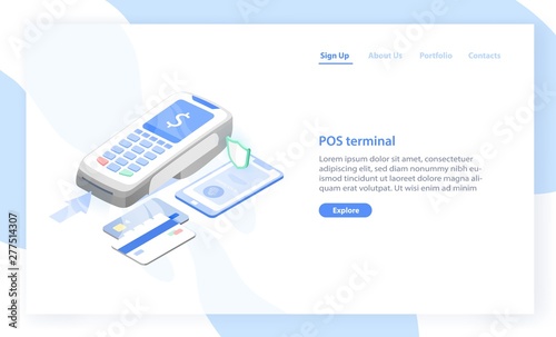 Landing page template with point of sale, electronic terminal or reader and credit cards. Contactless payment system or technology. Modern vector illustration for banking service advertisement.