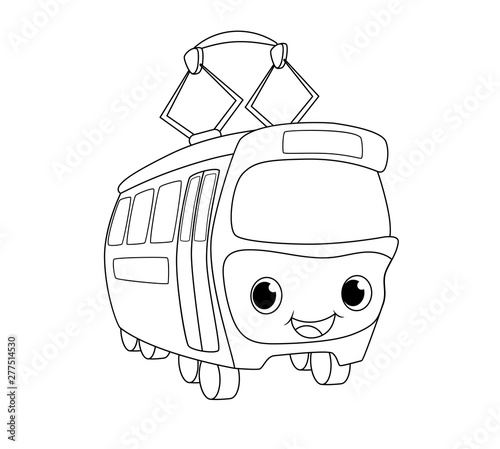 Cute tram vector illustration. Black line transport isolated on white background. Smiling trolley wagon icon.