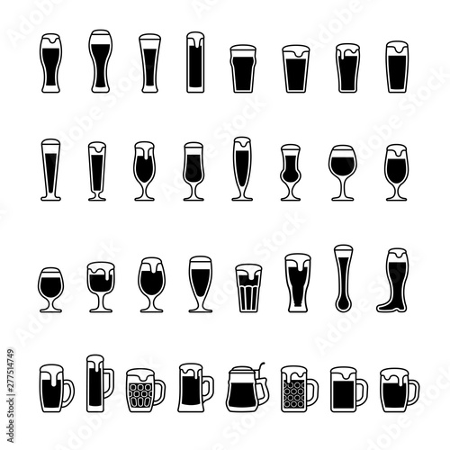 Beer with foam in glasses, black and white icons. Vector
