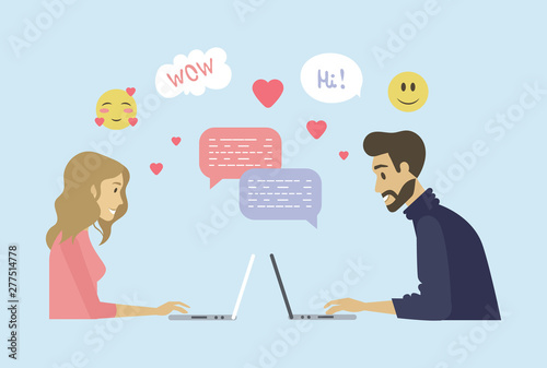 Man and woman using laptop for meeting online, dating in social network, side view of couple characters, online love, message and smile icons, love and internet vector