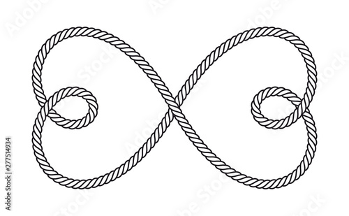 Vector sign infinity love. Two black intertwined rope hearts. Isolated on white background.