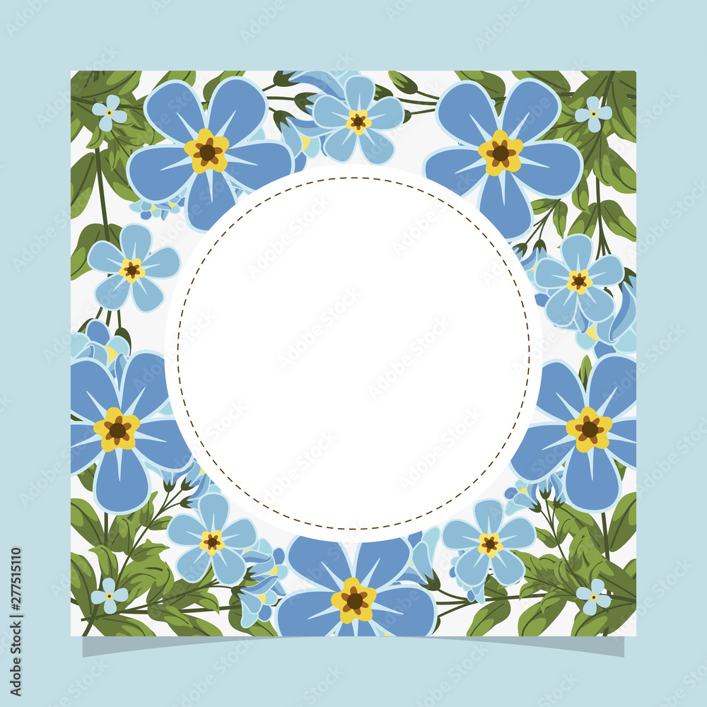 Floral greeting card and invitation template for wedding or birthday anniversary, Vector circle shape of text box label and frame, Blue flowers wreath ivy style with branch and leaves.